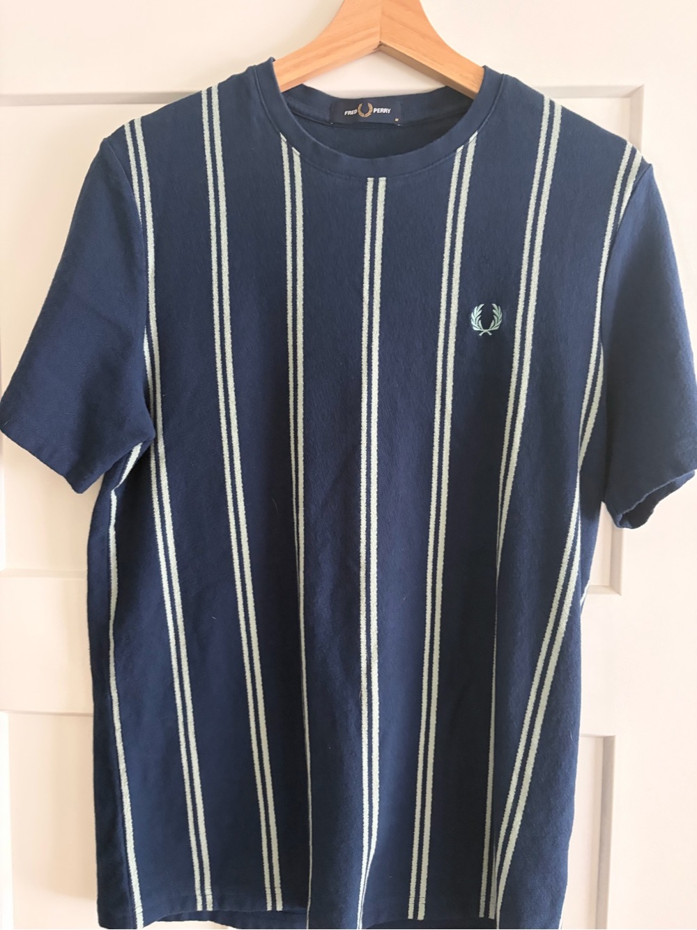 Fred Perry Navy T-Shirt with Light Blue Vertical Stripes